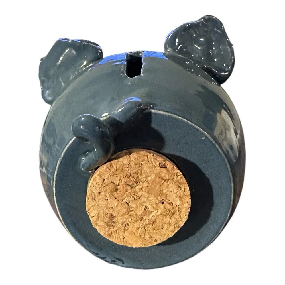 Handmade Studio Pottery Blue/Gray Ceramic Pig Piggy Bank Cork Stopper Folk Art